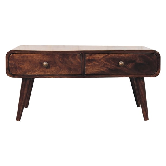 Solid Mango Wood Coffee Table In Walnut, 2 Drawers For Usefulness And Style With Walnut Finish Drawer Compartments