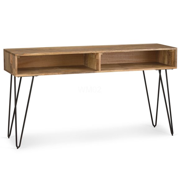 Solid Mango Wood Console Table with Hairpin Legs, Light Brown Sofa Table for Living Room Entryway