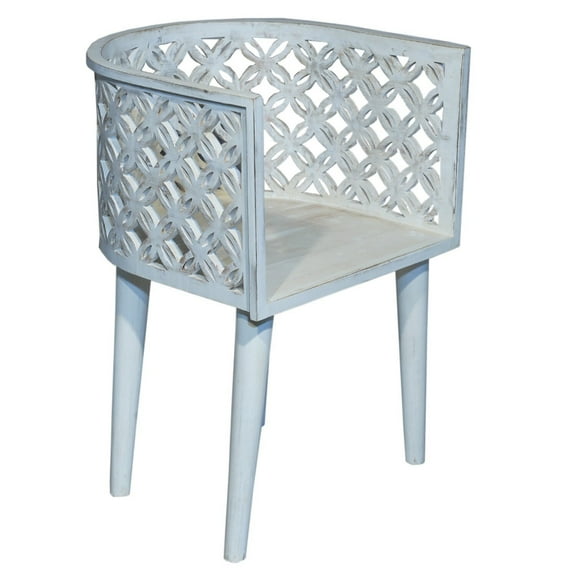 Solid Mango Wood Farmhouse Style Chair | Handmade Hand Carved Decorative Chair | Distressed White Chair For Bedroom