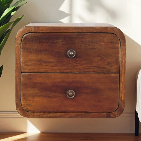 Solid Mango Wood Floating Chestnut Nightstand with 2 Drawers