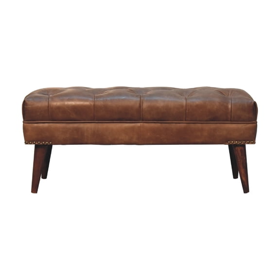 Solid Mango Wood Harbour Brown Leather Bench with Deep Button Tufting | 35.4" | India | Living Room, Entryway Accent Furniture