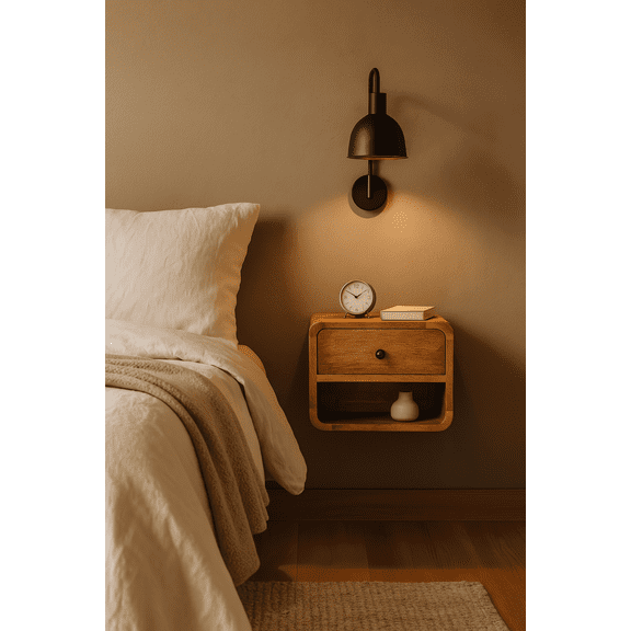 Solid Mango Wood Mini Floating Bedside Cabinet with 1 Drawer & Open Shelf | Minimalist Oak-ish Finish | Contemporary Bedroom Furniture | 11.8" W