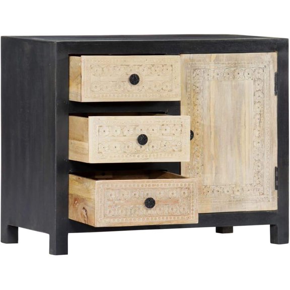 Solid Mango Wood Sideboard with Drawers, 29.5x13.8x21.7 Inch Storage Cabinet, Gray and White Finish for Living Room