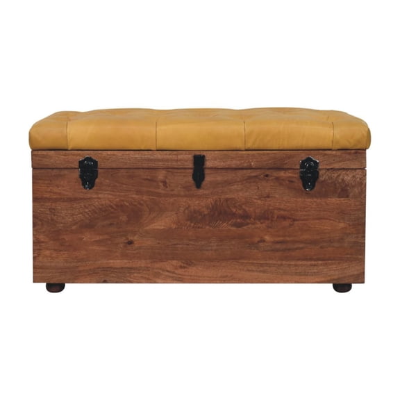 Solid Mango Wood Storage Trunk Honey Caramel Buffalo Hide Leather Tufted Upholstered Bedroom Storage Chest Ottoman