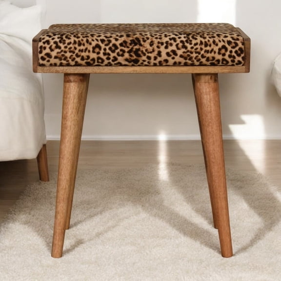Solid Mango Wood Tray Style Footstool, Leopard Print Velvet Upholstered Ottoman with Four Nordic Wooden Legs for Living Room Indoor Decor