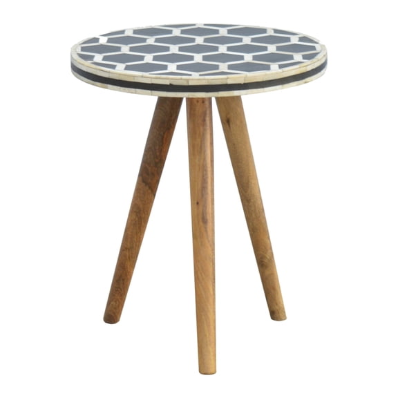 Solid Mango Wood Tripod Accent Stool Round Black White Bone Inlay Top Contemporary Decor Side Table Plant Stand Lightweight Sustainable Handmade End Table for Living Room Entryway Bedroom
