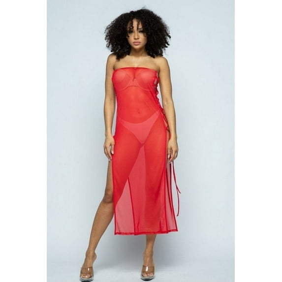 Solid Mesh Side Lace Up Cover Up Dress