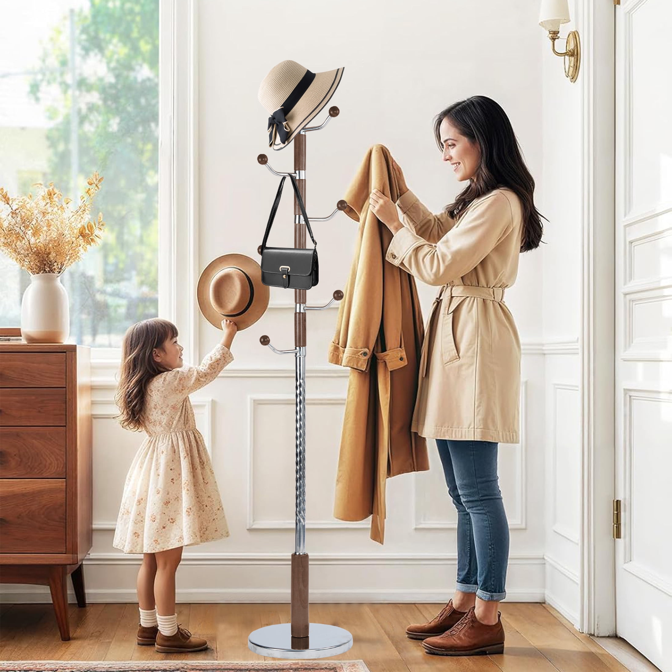 Attachable Coat Rack Solid Metal Wood Coat Rack, Heavy Duty Freestanding Coat Tree with 7 ...