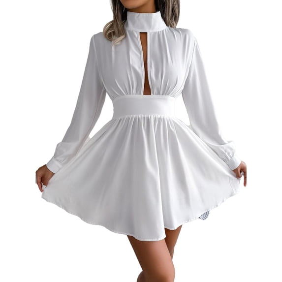 Solid Mock Neck Cutout Front Dress for Women Above Knee Length