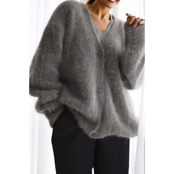 Solid Mohair V-Neck Fuzzy Knit Sweater Cardigan