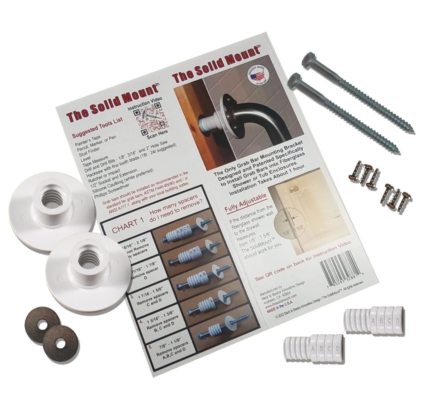 Solid Mount Patented Grab Bar Mounting Kit for Fiberglass Shower