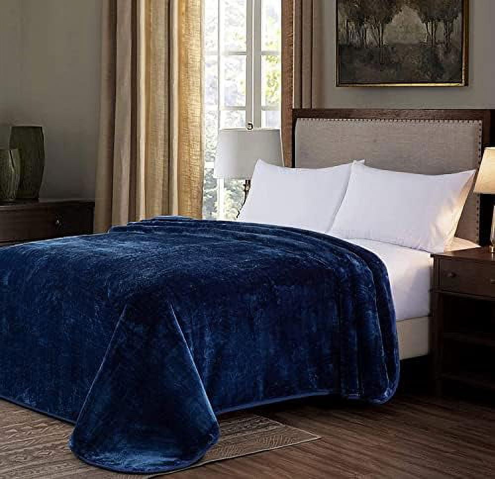 Solid Navy Blue Bed Blanket Heavy Thick One Ply Faux Korean Mink