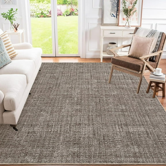 Solid Neutral 8x10 Living Room Rugs Large Washable Modern Accent Rugs, Stain-Resistant Contemporary Distressed Rug, Soft Low Pile Carpet for Bedroom, Farmhouse, Office, Brown
