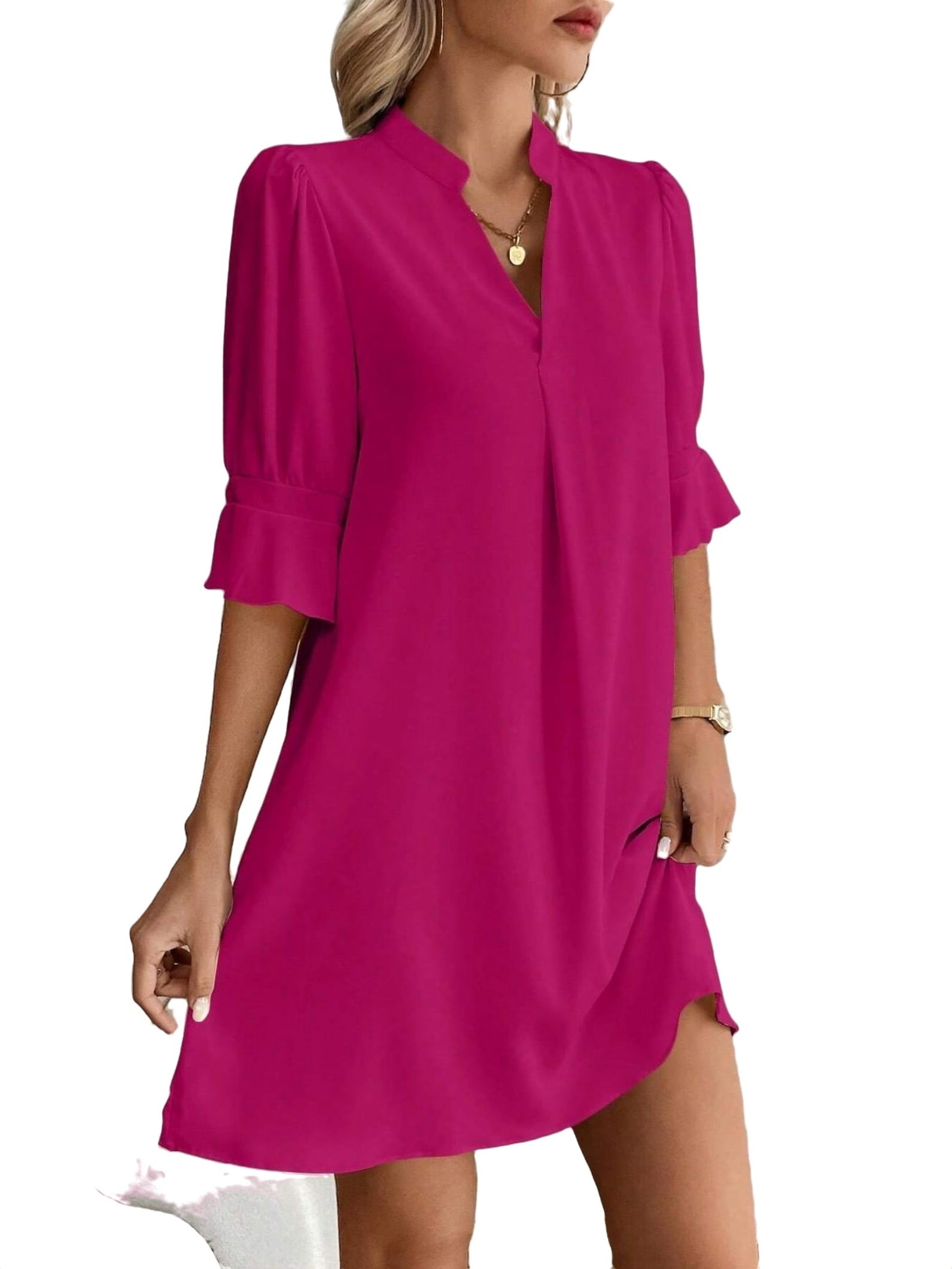 Hot Pink Women Dresses.Solid Notched Neck Tunic Elbow-Length Hot Pink Women Dresses (Women's ...
