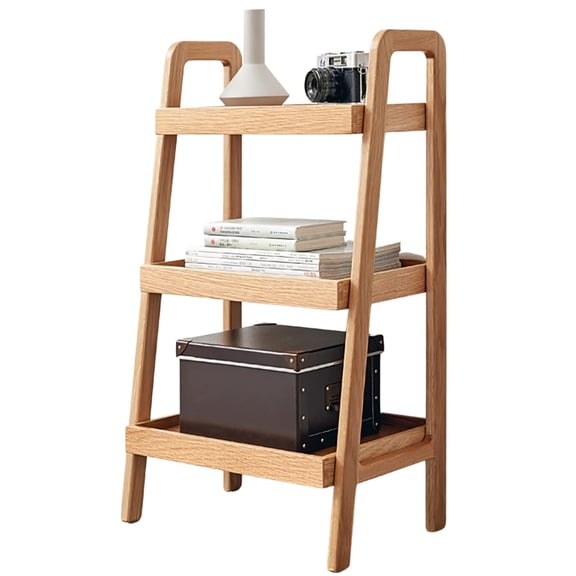 Solid Oak 3-Tier Ladder Bookshelf, Durable Floor Shelf for Living Room, Multi-Functional Storage Bookcase for Kitchen Bathroom Office, Brown