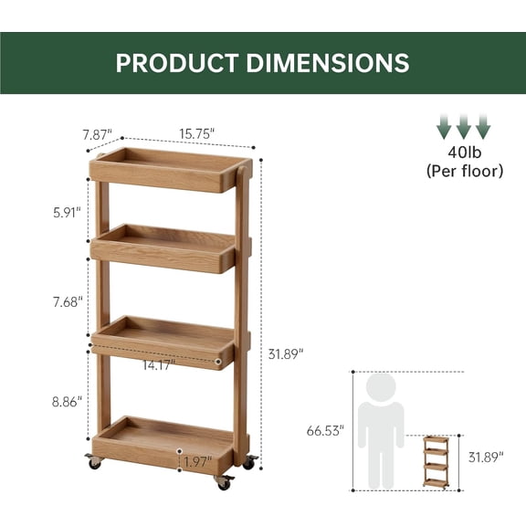 Solid Oak Art Storage Cart, 4-Tier Rolling Utility Cart with Wheels, Multifunctional Storage Trolley Shelving Unit on Wheels for Living Room Kitchen(Natural, 7.87"D x 15.75"W x 31.89"H