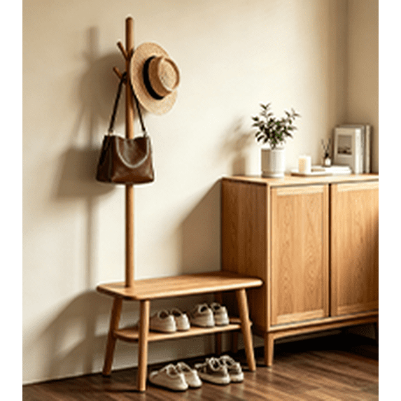 Solid Oak Coat Rack Freestanding,Natural Wood Entryway Bench with Coat Hooks & Shoe Shelf - Modern 5-Hook Hall Tree for Small Spaces, 2-in-1 Shoe Storage Bench, Quick Assembly