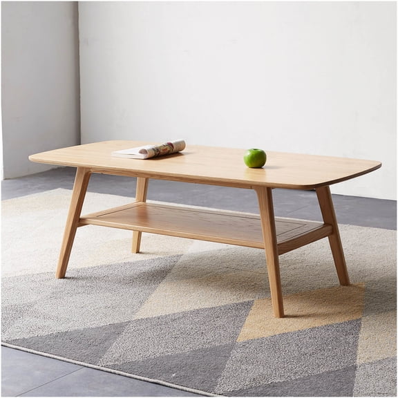 Solid Oak Coffee Table with Storage Shelf, Natural Wood Low Center Table for Living Room, Dual-Tier Design Work from Home Desk