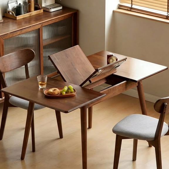 Solid Oak Extendable Dining Table - Walnut Finish, Adjustable 47.2" to 63", Mid-Century Modern Space-Saving Design for Small Spaces, FAS-Grade, Easy Assembly