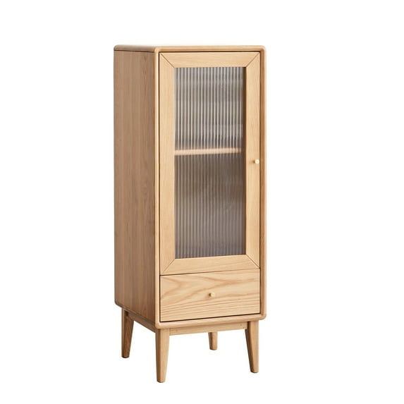 Solid Oak Living Room Furniture - With Vintage Glass Door, 2 Shelves, 1 Drawer & Brass Handle. Strong, Practical For Elegant Wood Storage Cabinet Corner Unit Classic Handle Robust, Practical, Home