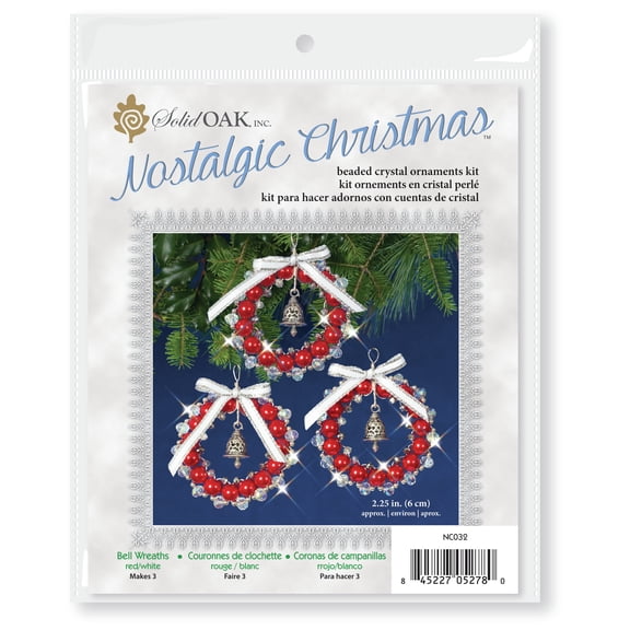 Solid Oak Nostalgic Christmas Beaded Crystal Ornament Kit-Bell Wreaths Red/White/Silver Makes 3