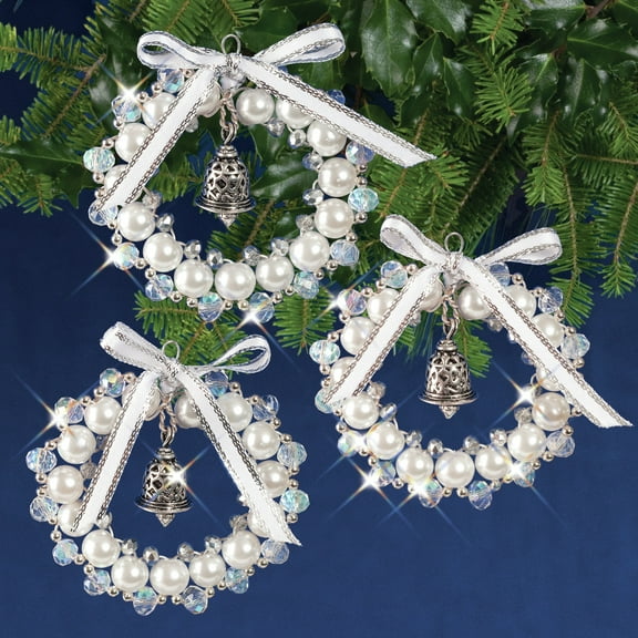 Solid Oak Nostalgic Christmas Beaded Crystal Ornament Kit-Crystal,white & Silver Bell Wreath Make3