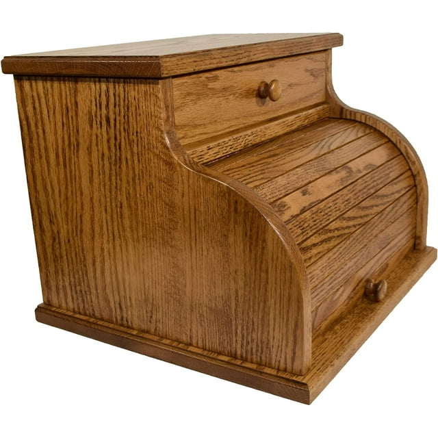 Solid Oak Wood Large Roll Top Bread Box With Drawer For Kitchen Counter