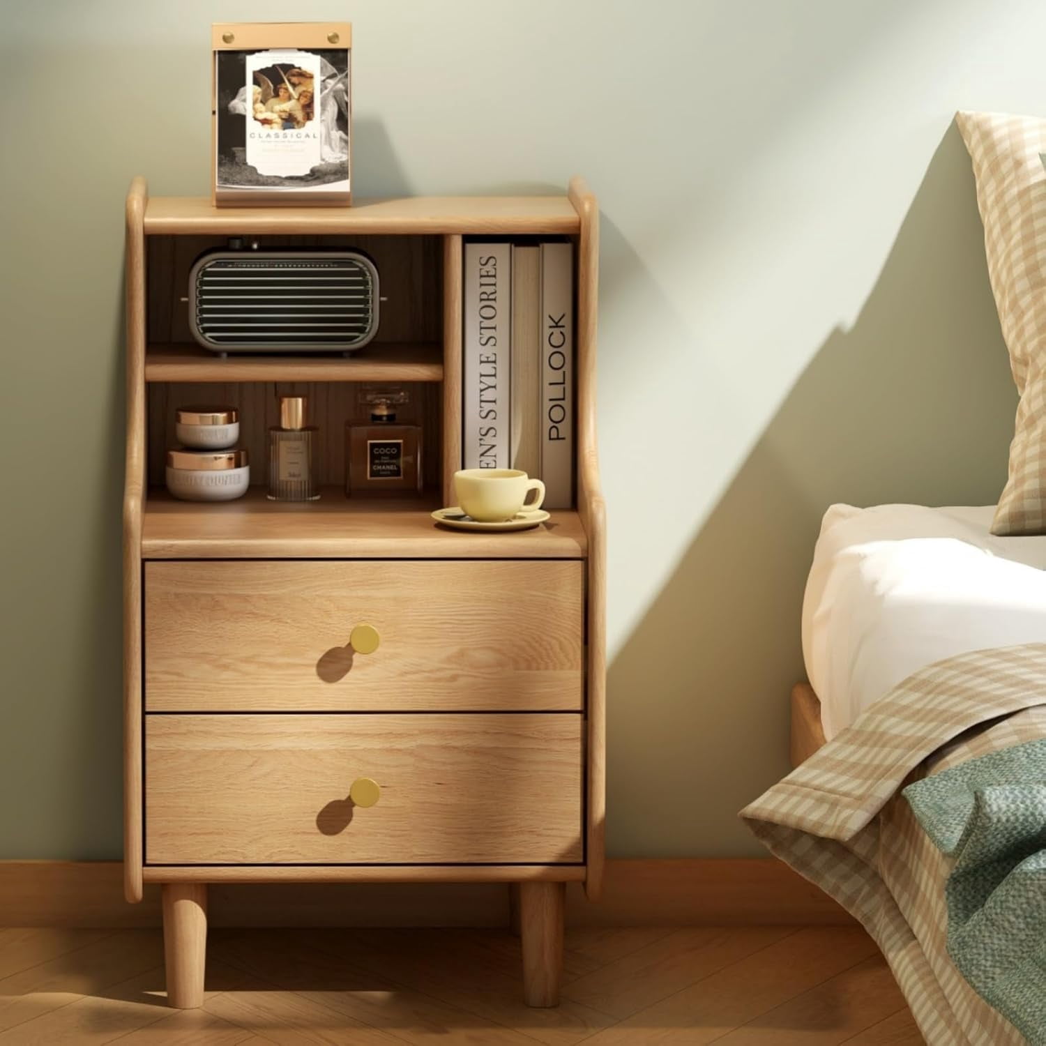 Solid Oak Wood Nightstand with 2 Drawers, Natural Wood Nightstand, 26. ...