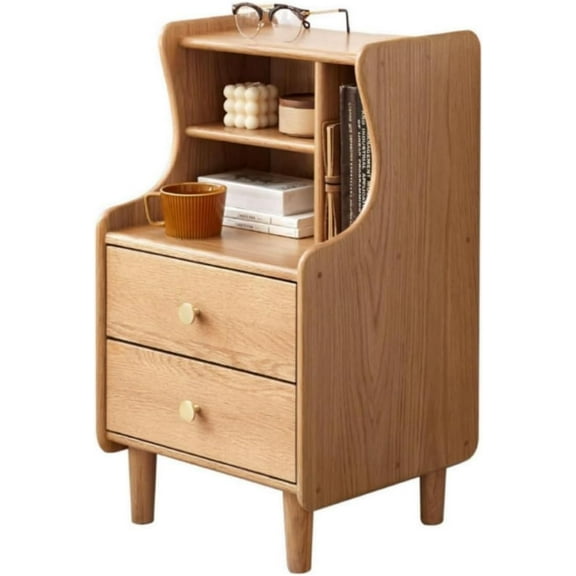 Solid Oak Wood Nightstand with 2 Drawers, Natural Wood Nightstand, 26.57" Tall Night Stand with Open Storage Shelves, Nightstands with Bookshelf, Wooden End Side Table for Bedroom, Study