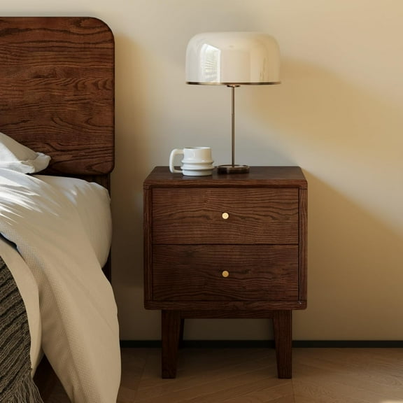 Solid Oak Wood Nightstand with Drawers, Mid Century Nightstand, Walnut Night Stand, Wooden Nightstands, Small Night Stand for Small Spaces, Bedside Table for Bedroom(19.69" H)