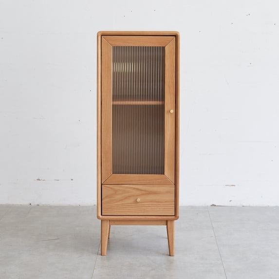 Solid Oak Wood Storage Cabinet, Free-Standing Corner Cabinets Storage Table with Vintage Glass Door, 2 Shelves,1 Drawers and Brass Handle for Living Room Entryway Kitchen Hallway TV Stand