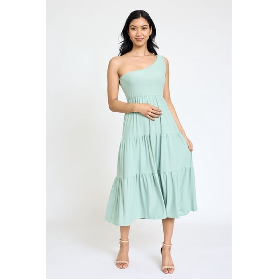 Solid One Shoulder Tiered Tea Length Dress | 4 Colors | S-3X