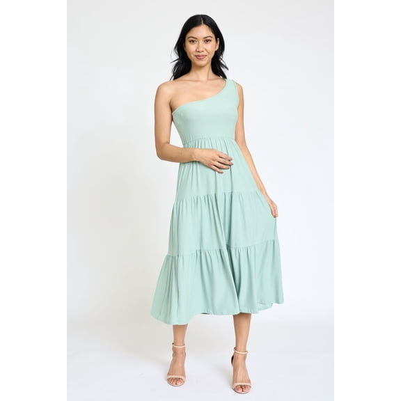 Solid One Shoulder Tiered Tea Length Dress | 4 Colors | S-3X