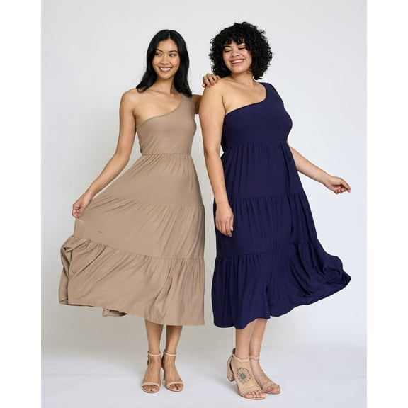 Solid One Shoulder Tiered Tea Length Dress | 4 Colors | S-3X