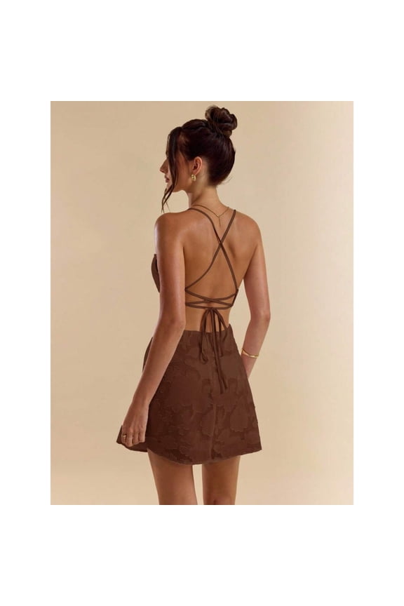 Solid Orange Bodycon Low Back Tie Strap Textured A-Line Super Short Mini Dress for Women