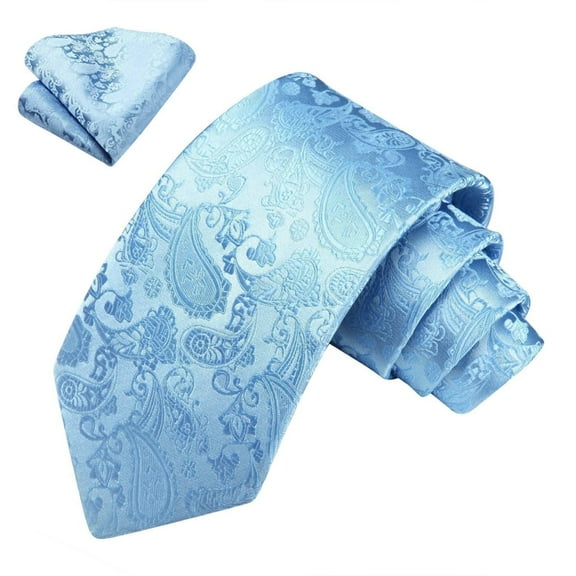 Solid Paisley Tie for Men Handkerchief Woven Classic Floral Necktie & Pocket Square Set Sky Blue