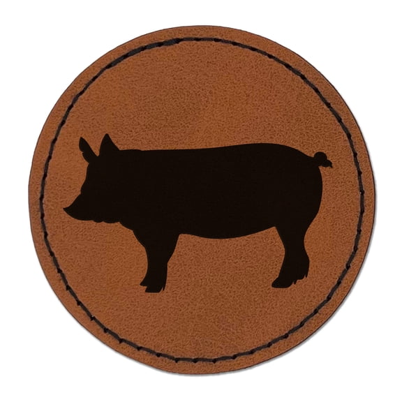 Solid Pig Farm Animal 2.5" Faux Leather Round Engraved Iron-On Patch - Brown