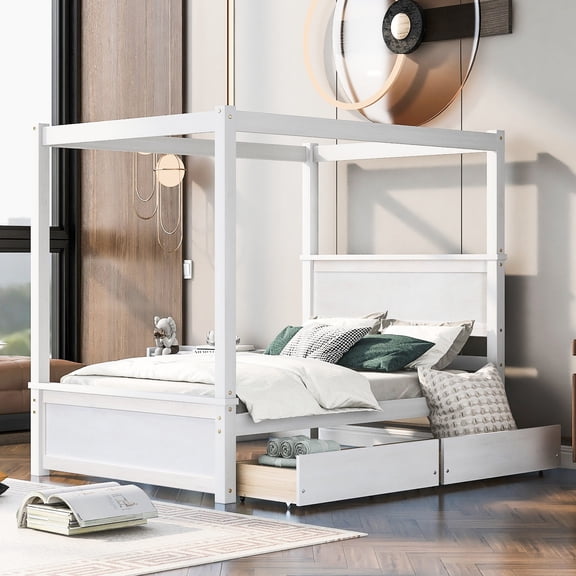 Solid Pine Canopy Bed with Support Slats / Easy Assembly for Bedroom Upgrade