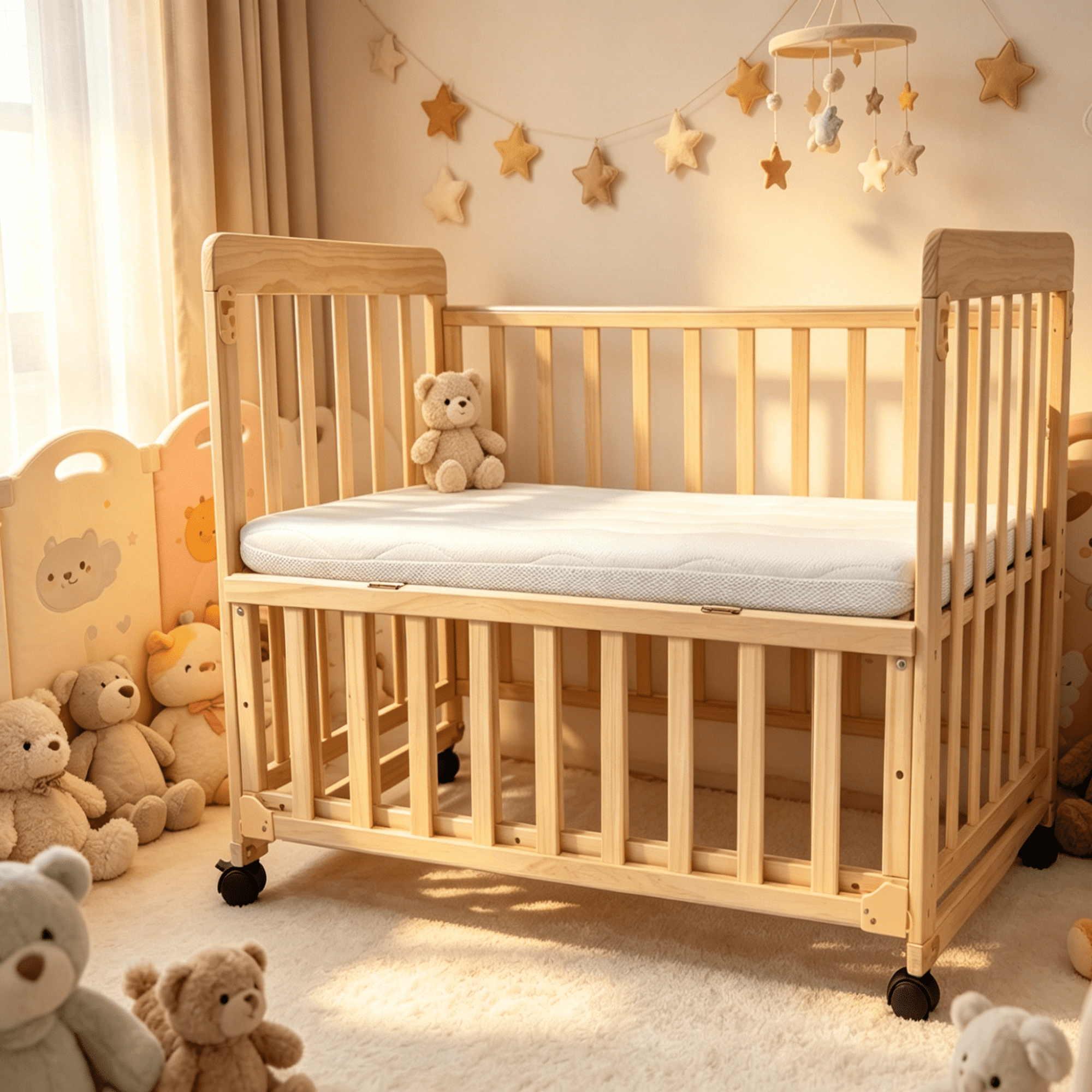 Solid Pine Convertible Baby Bassinet Bedside Sleeper, 3 Adjustable Heights Mini Crib with Breathable Mattress, Portable Newborn Toddler Bed with Lockable Wheels
