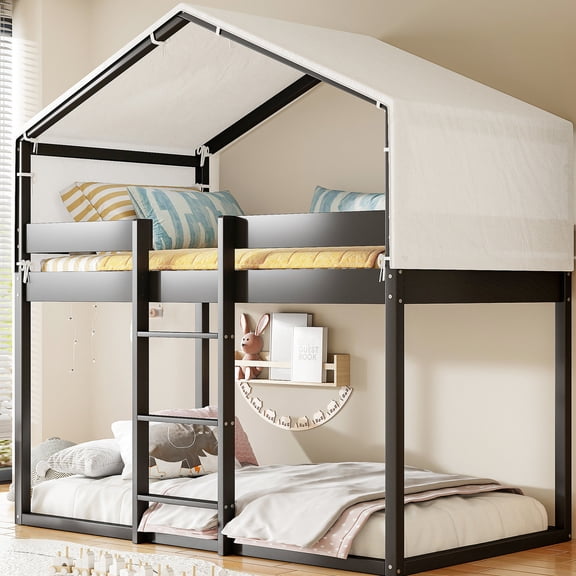 Solid Pine & Plywood Material - Twin Over Twin Bunk Bed with Tent for Stability