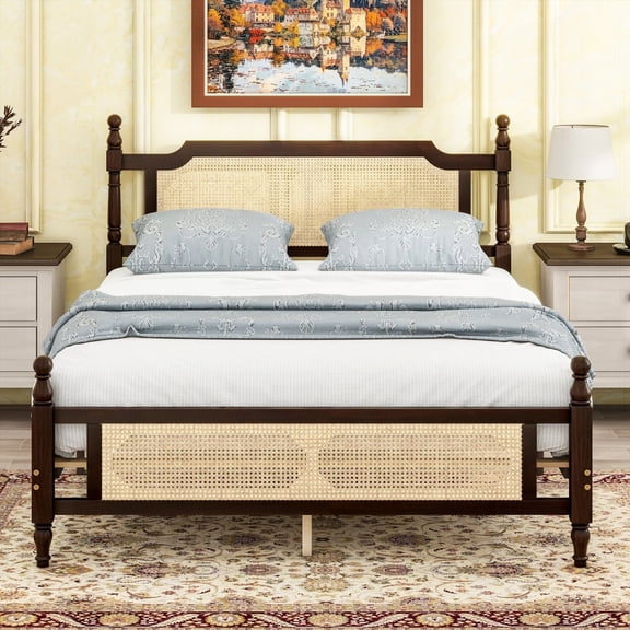 Solid Pine Queen Bed with Rattan Headboard & Footboard|Enhanced Storage Space