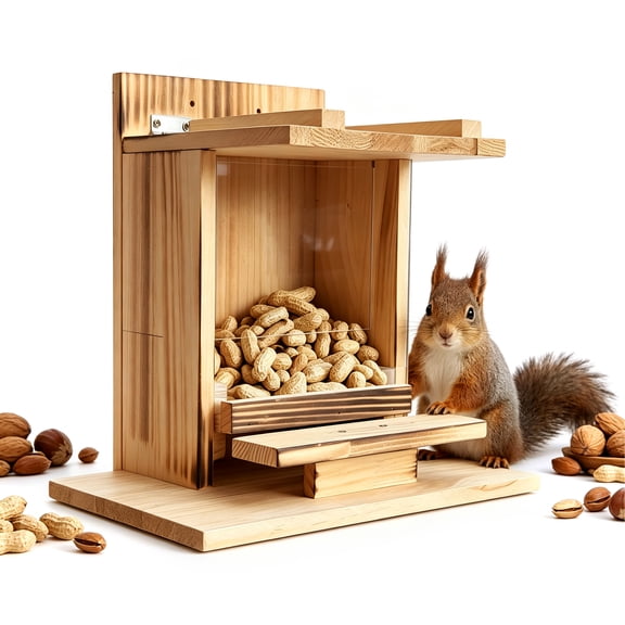 Solid Pine Squirrel Feeder with Flip-Up Lid & Transparent Viewing Panel – Rustic Outdoor Wildlife Feeding Platform with Spacious Landing Deck for Backyard Squirrels – Easy Tree or Fence Mount with Co