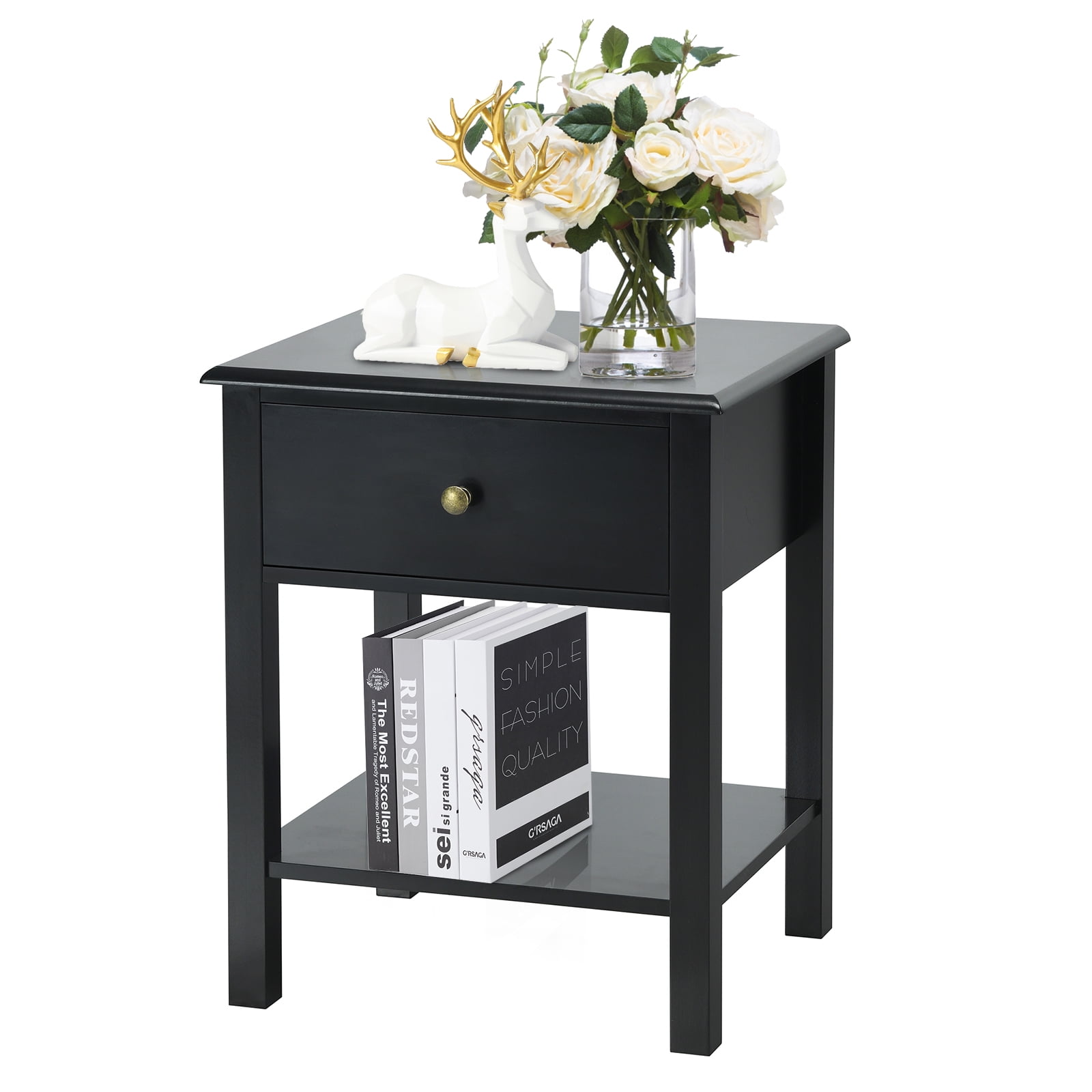 Set of 2 Nightstand Side Tables / End Table in Black Finish Pine Wood main image 0