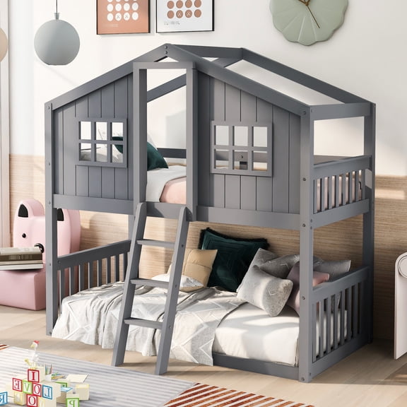 Solid Pine Wood | Bunk Bed with House Shape and Play Function | Bedroom