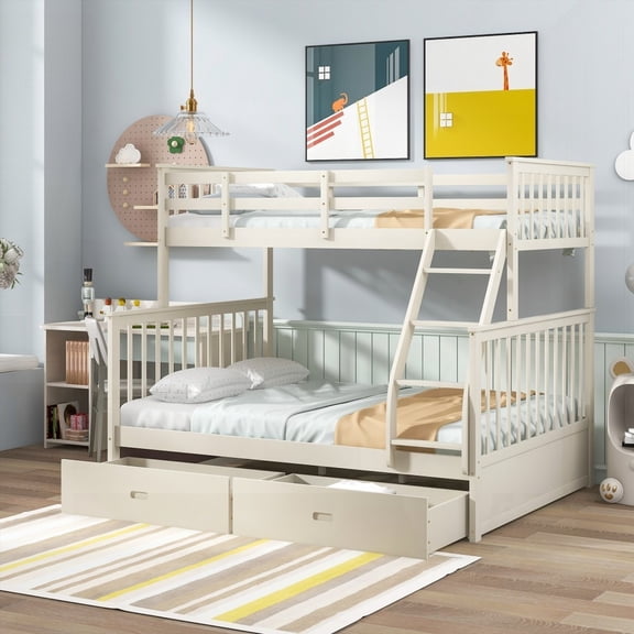 Solid Pine Wood Bunk Bed with Storage - Twin/Full, Cream