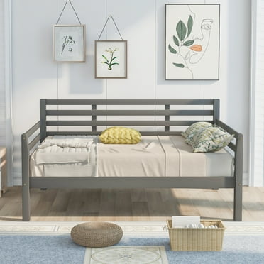 Solid Pine Wood Daybed Frame, SYNGAR Full Size Daybed w/ Headboard, Sturdy Slats Support, No Box Spring Needed, Platform Full Daybed for Kids Adults, Space Saving Sofa Bed for Living Room, Gray, D1484