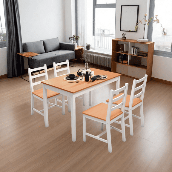 Solid Pine Wood Dining Table Set 5-Piece with 4 Chairs, Compact 42.5 Inch Kitchen Table for Small Spaces, White and Natural Finish, Easy Assembly for Apartments
