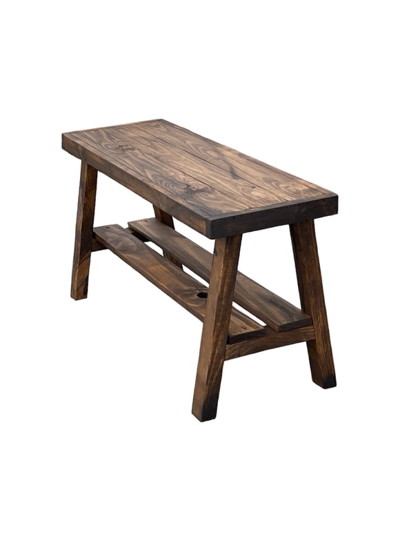 Solid Pine Wood Entryway Bench with Shelf, Dark Brown Finish