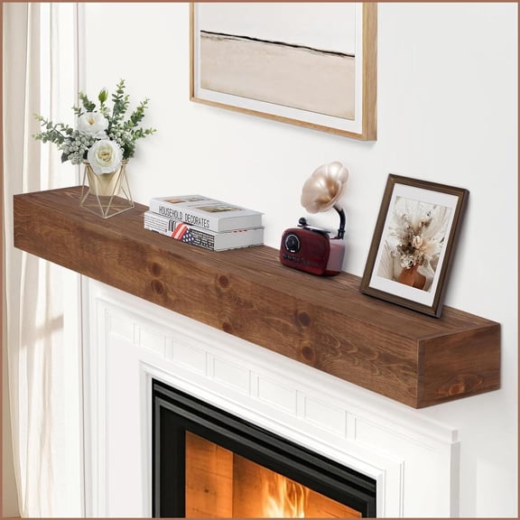 Solid Pine Wood Floating Fireplace Mantel Darkwalnut 60"x8"x5" Rustic Home Decor