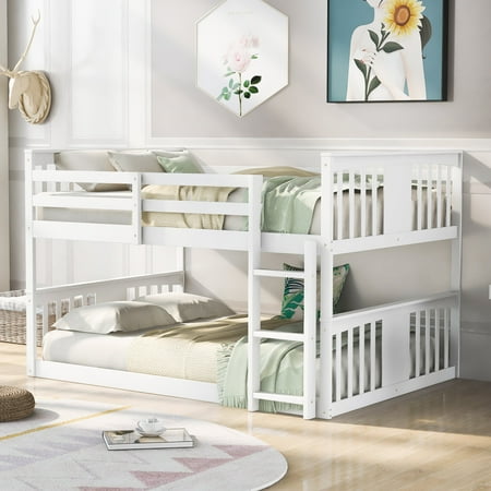Full Over Full Bunk Bed, White, Solid Pine Wood Frame, w/ Ladder, 79.5"x56.3", Space-Saving Bedroom Furniture, Durable & Safe Design